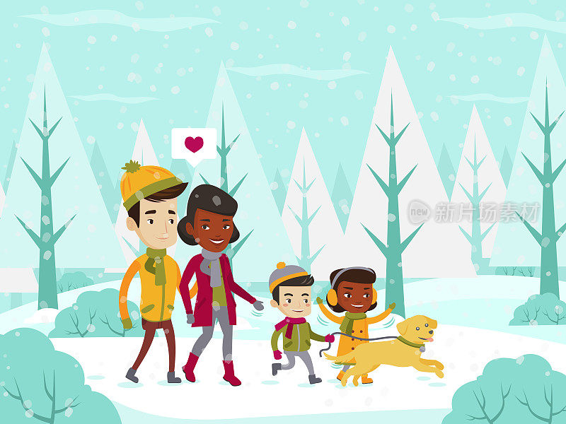 Multiethnic family walking in winter snowy forest